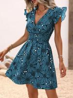 Chaleco elegante con estampado de flores, vestido acampanado para mujer, minifalda con cuello en V, vestidos elegantes para vacaciones - details 7