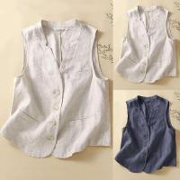 Chaleco de lino retro Chaqueta suelta informal con un solo botón con cuello en V Top de verano 2024 - details 0