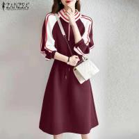 ZANZEA-vestido deportivo de primavera para mujer, vestido informal a la moda de manga larga con rayas en contraste, vestido Midi con cuello levantado y cordón en la cintura - details 3