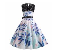 Lace patchwork summer women a line elegant vintage party dress with belt - details 32