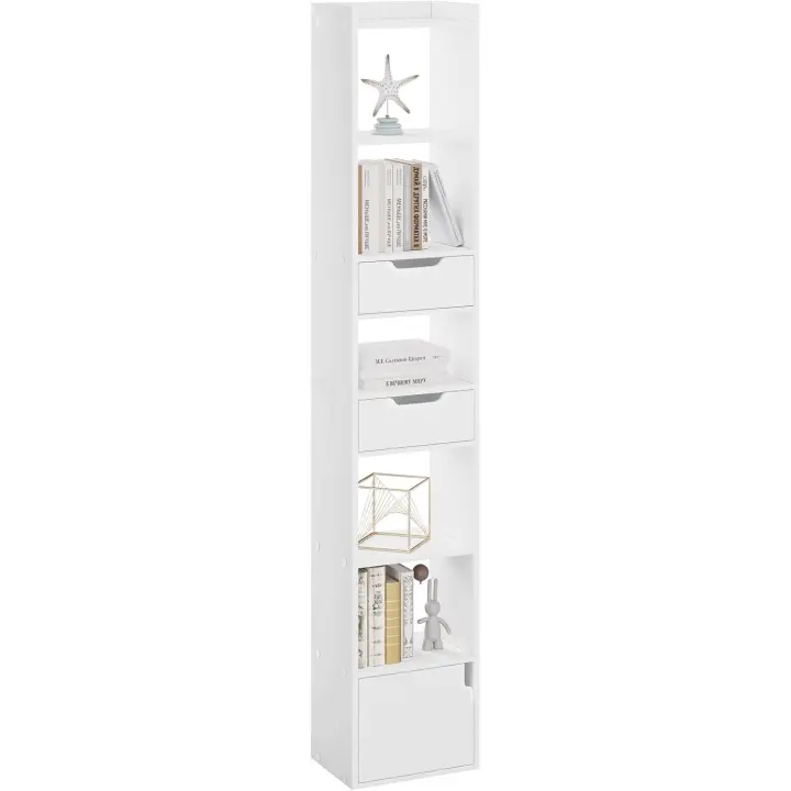 Estantería Alta de 6 Compartimentos 2 Cajones y 1 Armario con Puerta Blanco - 1