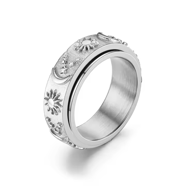 Anillo relajante de ansiedad con forma de luna y estrella bohemia para hombre, Spinner giratorio de acero inoxidable, anillos antiestrés, joyería Bague Homme - 1