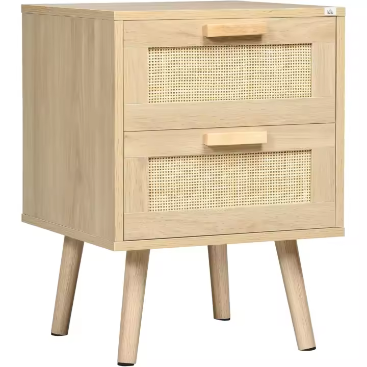 Mesita de Noche Boho Diseño con 2 Cajones de Rejilla y Patas de Madera 40x40x56 cm - 1