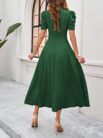 Primavera Verano elegante cintura con cuello en V Color sólido vestido de manga corta moda mujer - details 5