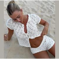 Conjunto de camisa de punto con cuello redondo para mujer, traje elegante de ganchillo con agujeros, pantalones cortos de cintura alta, trajes de vacaciones para mujer, verano - details 13