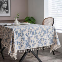 Mantel Cuadrado Retro Azul y Blanco Tela de Lino Sintético Lavable para Buffet Cocina - details 4
