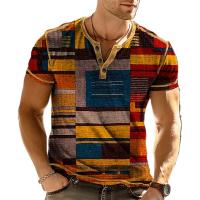 Camisas Vintage de bloque de Color de verano con estampado 3D de retazos, camiseta informal de manga corta con botones para hombre, camisetas para hombre, ropa - details 0