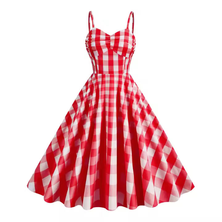 Hepburn - Retro a cuadros rosa, cuello camisola a rayas de cintura alta, longitud media - 1