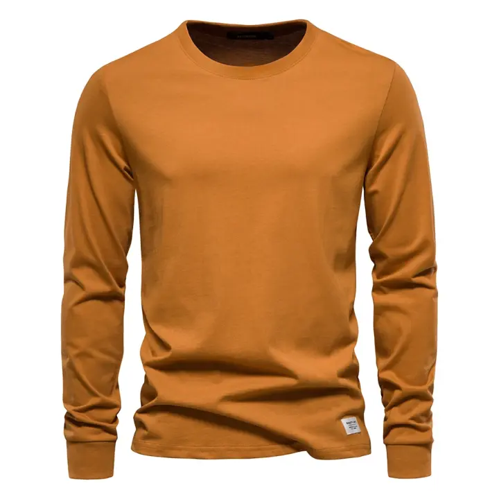 Día del padre 2025 Camiseta de algodón de Color sólido para hombre, camisetas informales de manga larga con cuello redondo para hombre, Camiseta básica de alta calidad para primavera y otoño para hombre - 1