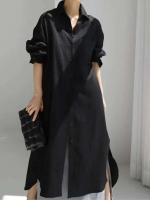 Novedad de verano, camisa de algodón para mujer, cárdigan elegante holgado Irregular, vestido de manga larga a la moda con un solo pecho - details 7