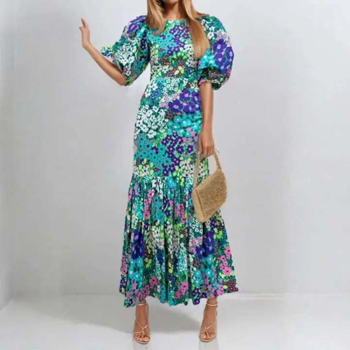 Vestido de Fiesta de Estilo Pastoral de Verano 2023 Elegante Manga de Lámpara y Tobillo de Cola de Pescado Cuello Redondo Delgado Moda para Mujeres - 1