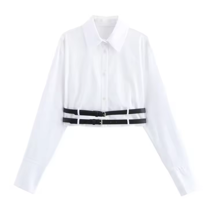 Camiseta corta de popelina con doble cinturón para mujer Top de estilo dulce y picante - 1