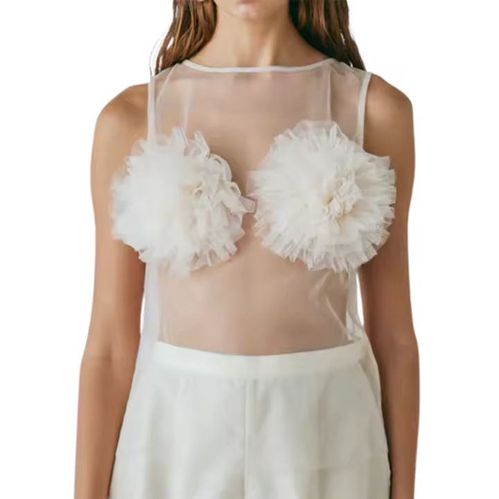 Camisetas sin mangas sexis de verano para mujer, camisa informal de malla transparente con pecho de flores, chaleco básico, ropa estética Y2K - 1