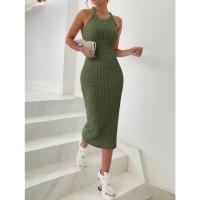 Vestido Bodycon Midi De Verano Para Mujer Cuello Halter Sólido Alta Cintura Slim Elegante Vestido De Oficina Sin Mangas Polyester - details 22