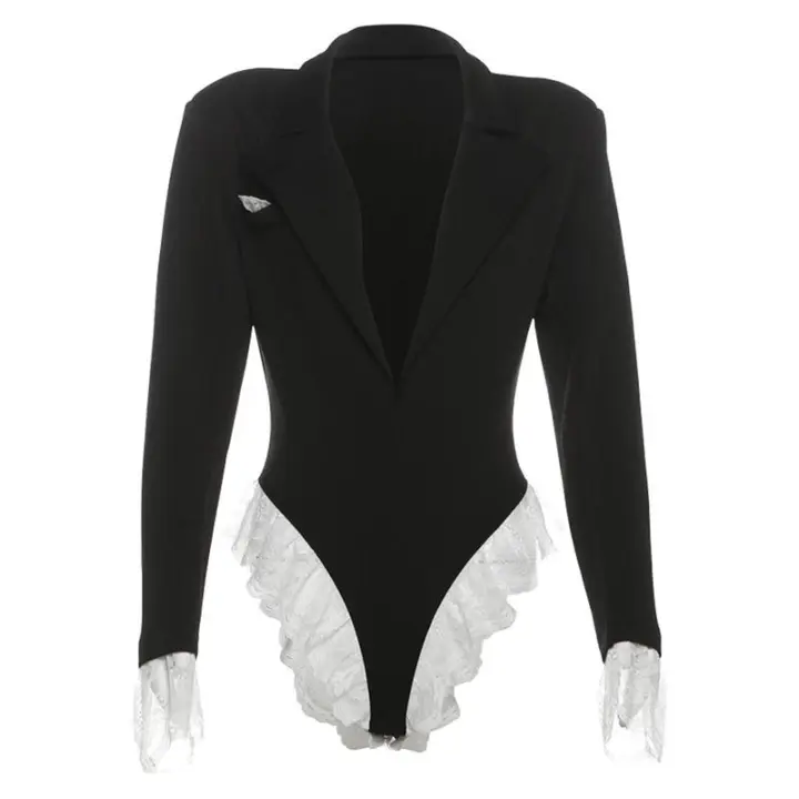 BUNO-Traje de encaje a la moda, mono, chaqueta para mujer, Top de cuerpo con cuello en V, cárdigan Sexy ajustado de manga larga, ropa de calle, peleles negros para mujer, nuevo - 1