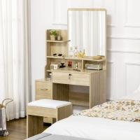 Juego de tocador de mesa de maquillaje con taburete acolchado grande, espejo + varios estantes abiertos + 4 cajones de madera natural - details 1