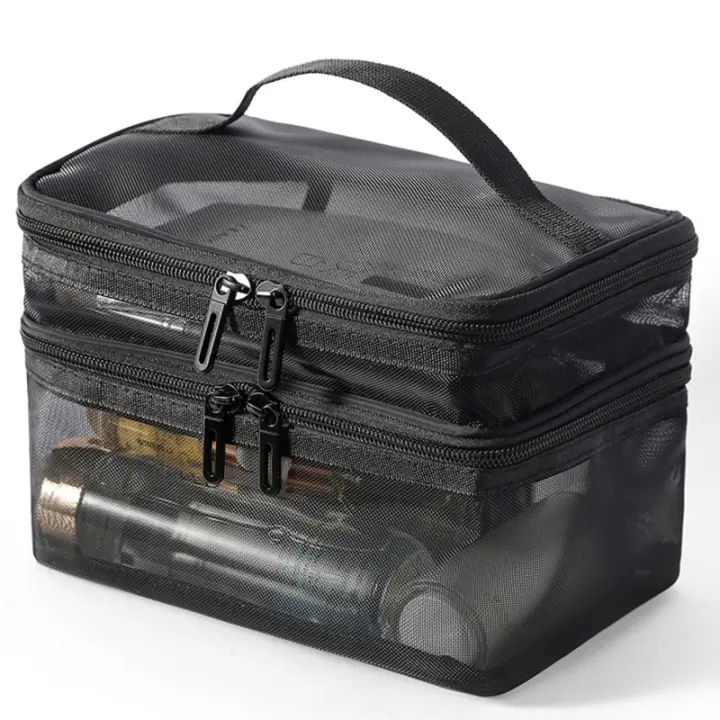 Bolso de Viaje Organizador de Maquillaje de Doble Capa Transparente, Plegable con Malla, Cierre de Crema, Gran Capacidad para Kit de Limpieza - 1