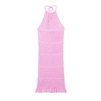 BUNO-vestido decorativo con cordones y cuello Halter de punto rosa de verano para mujer, minivestido sin mangas ajustado elástico elegante para mujer - details 1