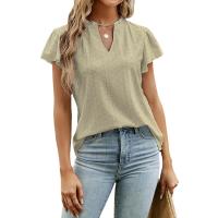 2025 primavera y verano europeo y americano nuevo jacquard con cuello en v mangas apiladas camiseta de manga corta top ropa de mujer - details 3
