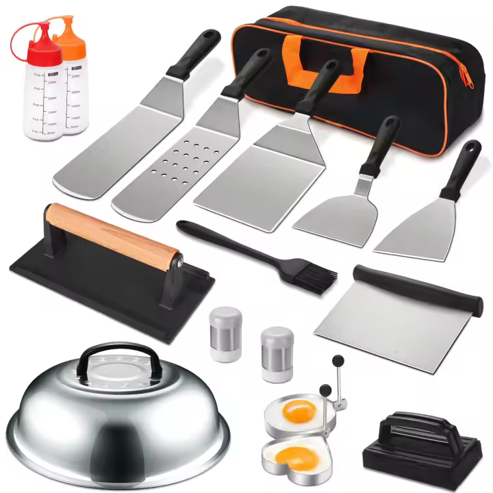 Juego de Accesorios para Parrilla de 17 Piezas Juego de Espátulas para Parrilla Plana con Espátulas Ampliadas Cubierta de Bastido, Parrilla BBQ - 1