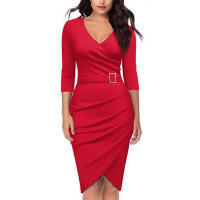 Elegante dama profundaVVestido con cuello y cinturón Vestido de fiesta plisado de manga larga ajustado de longitud media - details 6