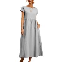 Vestido suelto sin mangas de algodón y cáñamo con bolsillo color sólido - details 1