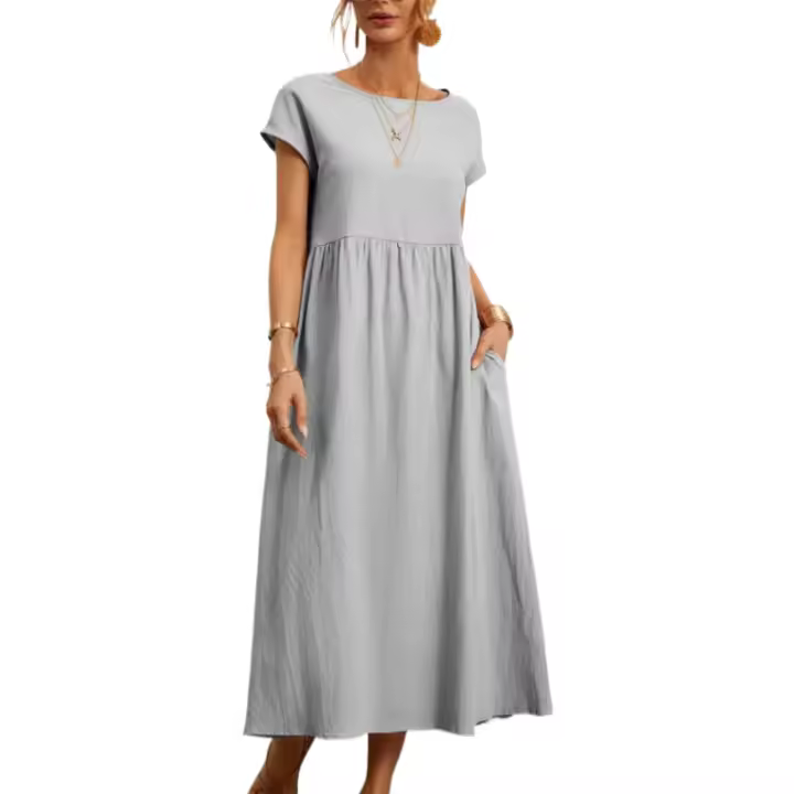Vestido suelto sin mangas de algodón y cáñamo con bolsillo color sólido - 1