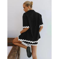 Conjunto de dos piezas de camisa de manga corta con botones y pantalones cortos holgados casuales de moda para mujer, primavera verano. - details 22