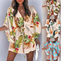 Traje de baño para mujer Vestido de playa estampado con cordón3/4MangaVMini falda de playa con Cuello estilo bohemio - details 1