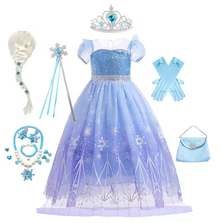 Vestido de princesa para niñas, disfraz de Elsa para Halloween, carnaval, fiesta de cumpleaños, tela azul - 1