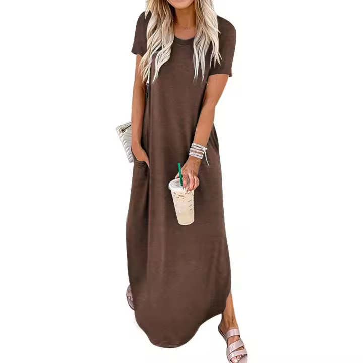 Vestido estilo camiseta con dobladillo curvado y cuello redondo con bolsillo liso para mujer, vestidos estilo francés para mujer, vestido largo informal y elegante de manga corta para verano, ropa de mujer para uso diario, vestidos de verano 2025 - 1