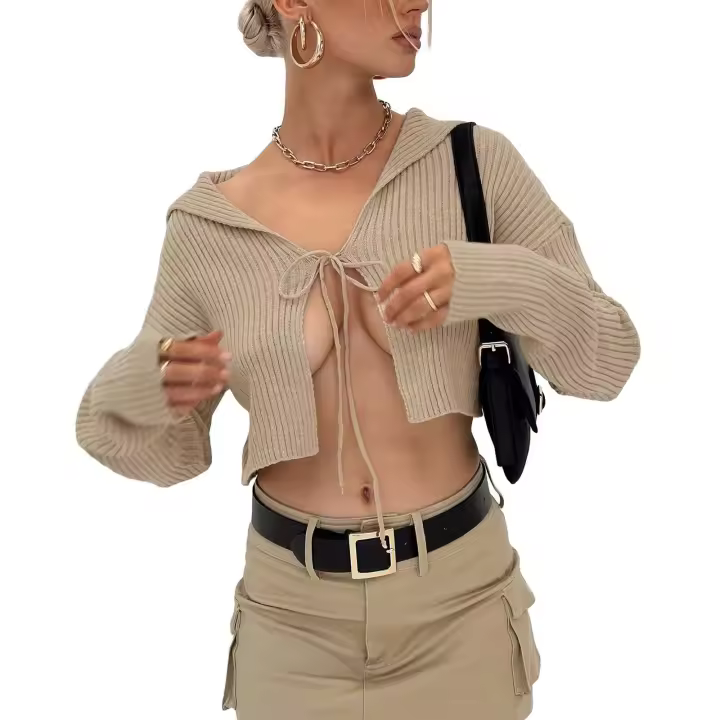 Cardigan de Punto con Encaje para Mujer Ouwu Top Corto de Color Sólido Abrigo de Moda Cálido - 1