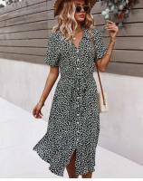 Verano Mujer ral estampado pantalón corto Casual manga botón vacaciones Midi vestidos mujer cuello pico playa vestido bata - details 4