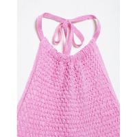 BUNO-vestido decorativo con cordones y cuello Halter de punto rosa de verano para mujer, minivestido sin mangas ajustado elástico elegante para mujer - details 10