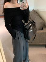 Jersey de otoño para mujer, Top Irregular con hombros descubiertos, suéter de punto negro de manga larga con base para mujer - details 9