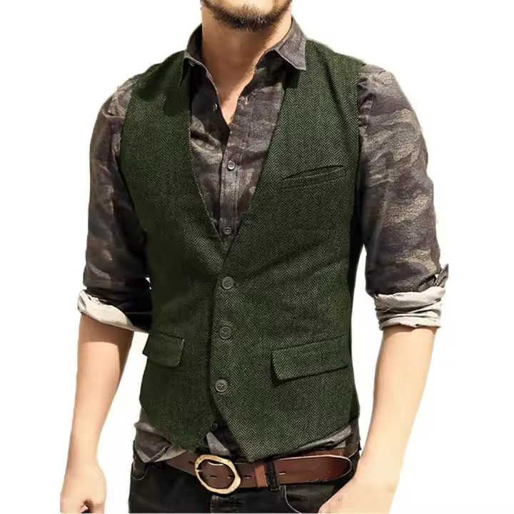 Chaleco de traje para hombre, chaleco informal de lana de tweed con cuello en V, chaleco formal de negocios para padrino de boda para verde/negro/marrón/café - 1