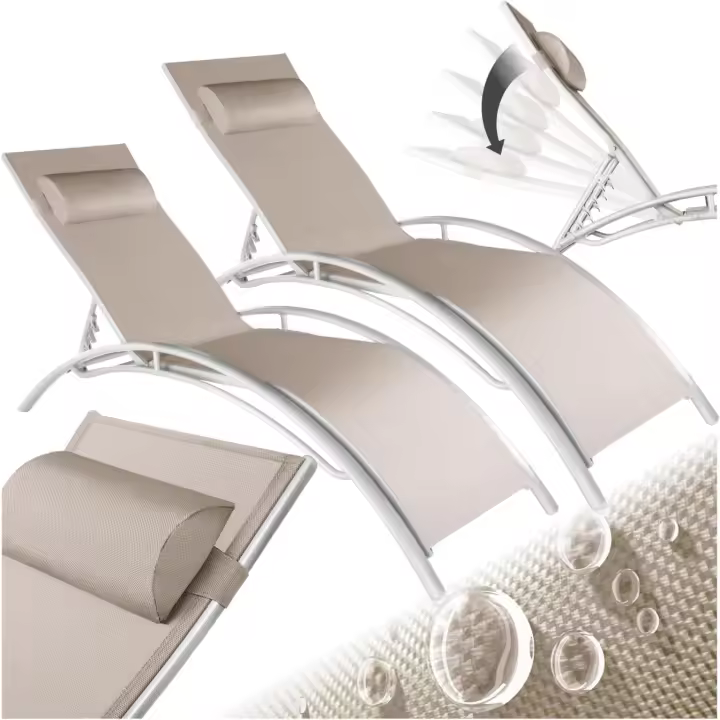 Juego de 2 tumbonas de jardín para exteriores, tumbona con reposacabezas, tumbona de playa reclinable en 7 posiciones, tumbona de piscina en aluminio, carga máxima. 120 kg, Fácil Montaje - Gris - 1