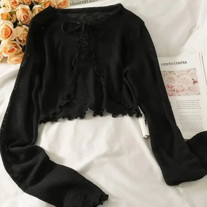 Chaqueta Corta De Manga Larga Estilo Coreano Para Mujer Ropa De Verano Con Diseño De Volantes Protección Solar Slim Fit Casual - 1