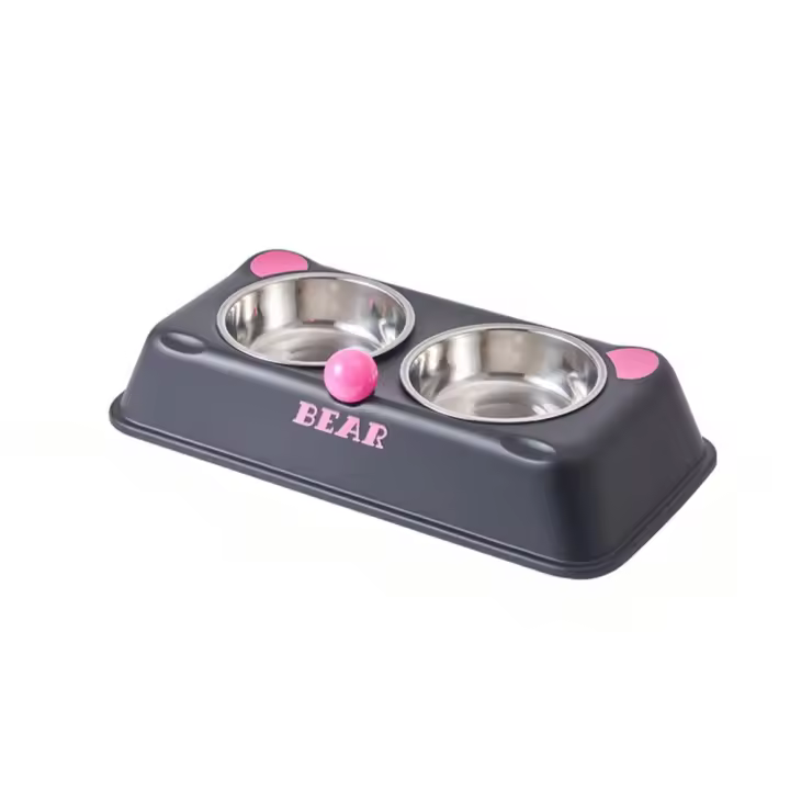 Cuenco doble con forma de oso para mascotas, alimentador de agua para cachorros de acero inoxidable de gran capacidad, contenedor de comida para gatos antideslizante y antigolpes para el hogar - 1