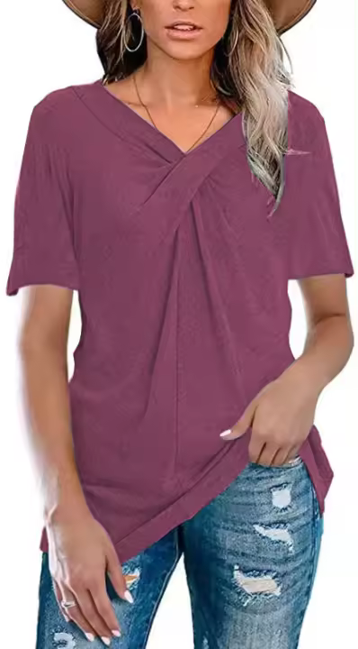 Camiseta casual de manga corta con cuello en V Tela de algodón de moda primavera/verano - 1