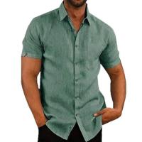 Camisas de Lino y Algodón para Hombre Camisas Informales de Manga Corta, Blusas Sólidas con Cuello Girado, Camisas Formales de Playa, Ropa de Verano - details 0