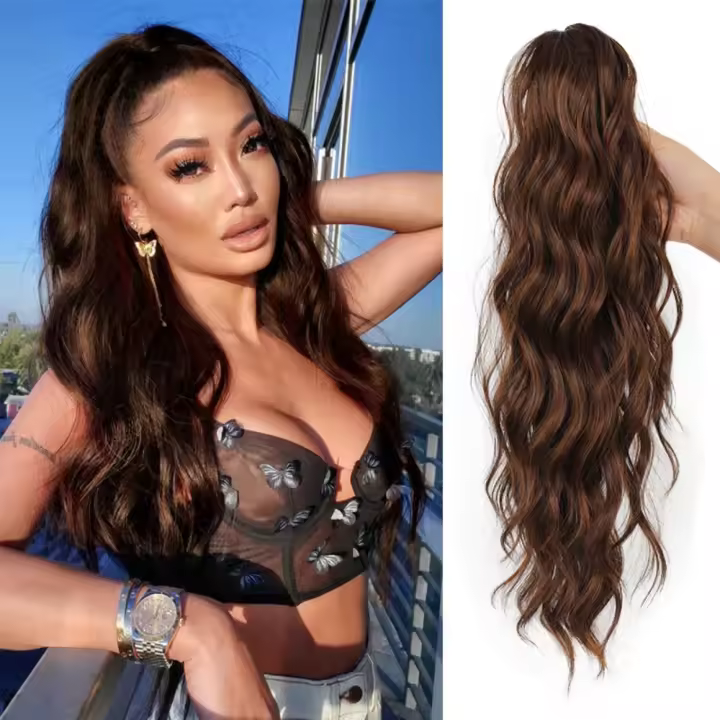 Peluca de cola de caballo con clip de garra con ondas de agua, peluca de cola de caballo larga ondulada y rizada con clip ombre, postizo de cola de caballo esponjosa con cordón para mujeres - 1