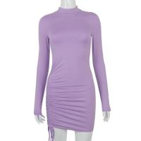 Vestido ajustado fruncido de manga larga para mujer, Mini Vestidos ceñidos con cuello alto, Vestidos de fiesta elásticos ajustados negros de otoño - details 2