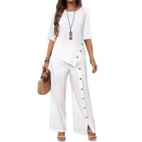 2025 Traje De Pantalones Con Dobladillo Irregular Para Mujer Elegante Moda Casual Botón Camisa De Media Manga Suelta Conjunto De Dos Piezas - details 5