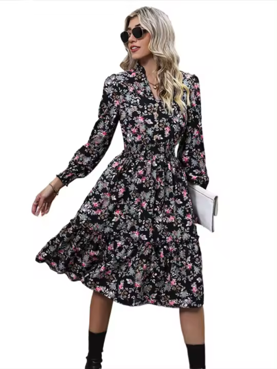 Vestidos de manga larga para mujer, vestido de cintura femenina, flor floral, una pieza, Haruku - 1
