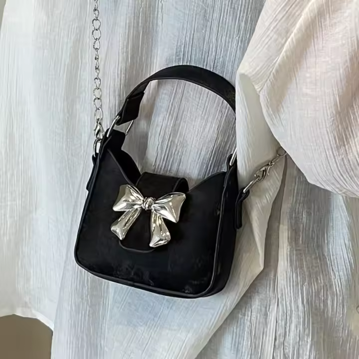Bolso informal de piel sintética con hebilla y lazo para mujer, bolso de mano de Color sólido, bolso de cubo plateado, Mini bolso cruzado, bolso de hombro para mujer y niño - 1