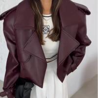 Chaqueta de Cuero Corta de Burgundy Elegante Manga Larga con Abeto Moda de Abrigo de Deportes y al Aire Libre para Mujeres - details 2