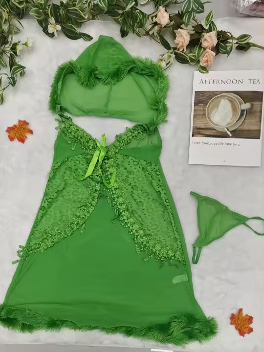 Lencería yukata de encaje, camisón sexy de encaje de malla transparente con abertura frontal y tirantes - 1