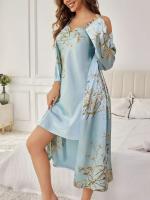 Conjunto de traje casual floral de satén de seda, bata con cinturilla, pijama, conjunto de ropa de dormir de dos piezas para todas las estaciones - details 31