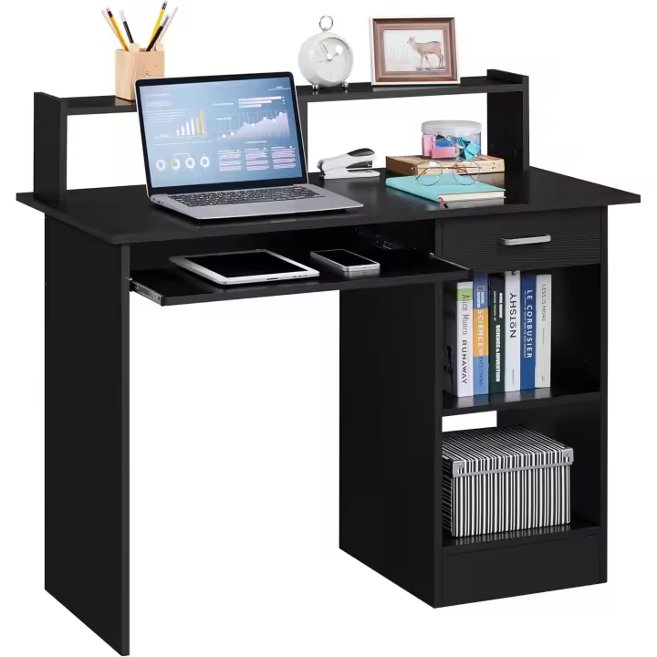 Mesa Escritorio con Soporte de Monitor para Oficina Despacho Mesa de Ordenador de Madera Mesa de Estudio con Cajón Estantes Negro 106 x 50 x 75 cm - 1